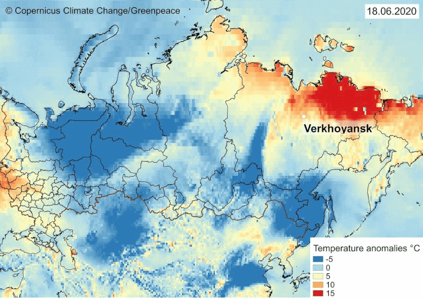 俄羅斯西伯利亞地區記錄了 6 月 18 至 22 日期間的異常高溫，其中標示深紅色處是維爾霍揚斯克一帶，氣溫比平均值高出攝氏 15 度以上。