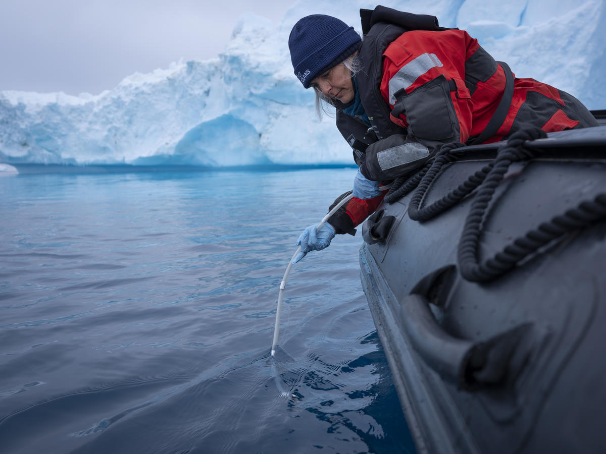 綠色和平科學研究團隊正在採集南極的海水進行eDNA監測，藉此了解南極海域的生物多樣性。 © Abbie Trayler-Smith / Greenpeace
