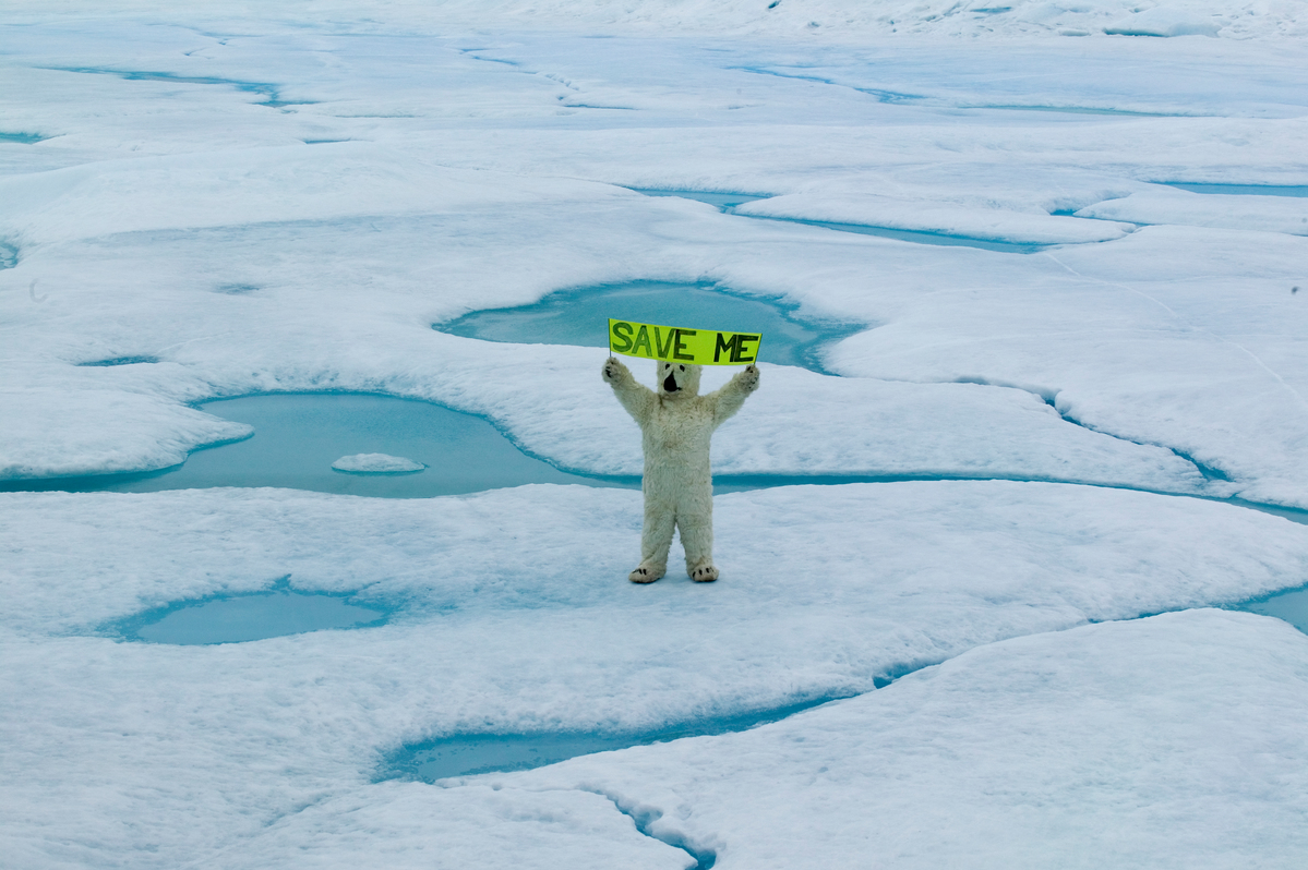 2005年，綠色和平行動者以北極熊裝扮，站在格陵蘭浮冰上高舉「SAVE ME」標語，為北極生態請命，促請各國領袖凝聚共識，拯救極地環境。