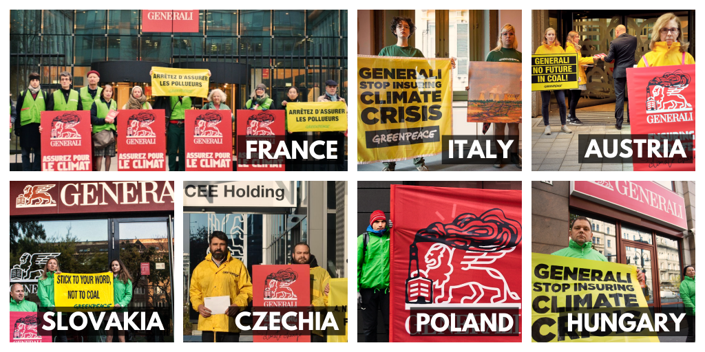 綠色和平行動者先後到訪忠利保險公司於法國、意大利、奧地利、斯洛伐克、捷克、波蘭、匈牙利（由左至右，上至下）的辦公大樓，盼透過向企業施壓，表達向化石燃料說「STOP!」。© Greenpeace