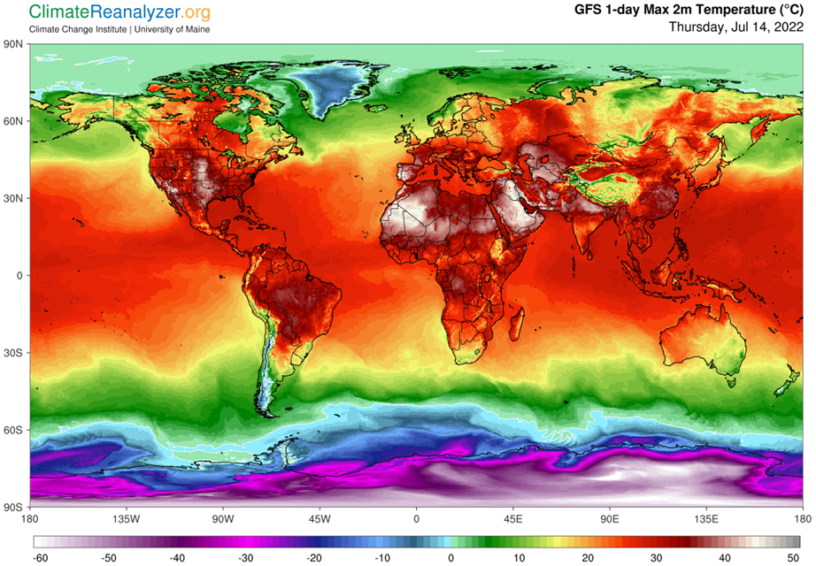全球預報系統（GFS）2022年7月14日的最高溫度分布圖。