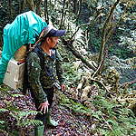 小高揹著團隊的行囊，帶隊在大分山上找尋黑熊排遺，也同時叮嚀人員注意安全。