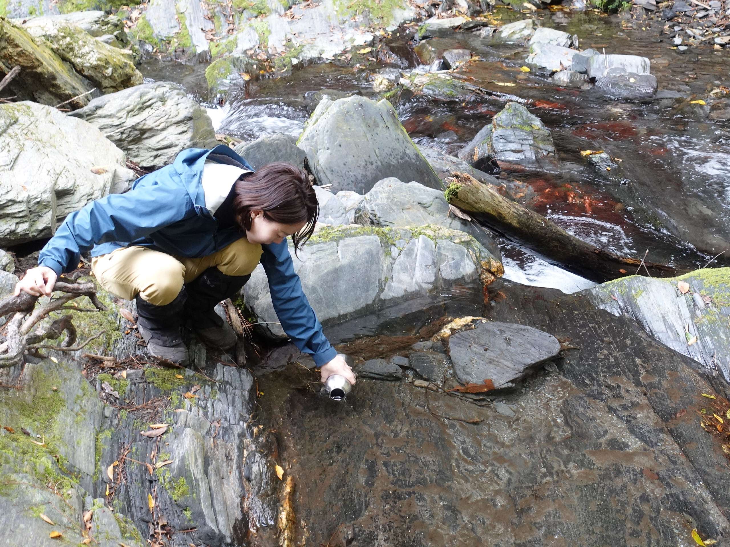 綠色和平減塑專案主任唐安，於2021年投入臺灣陸域野生動物微塑膠污染調查，在大分山區採集水源與臺灣黑熊排遺樣本。