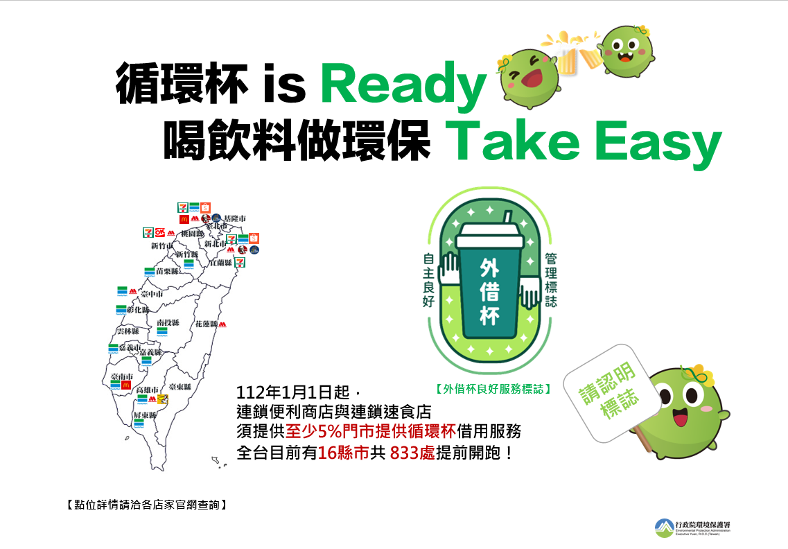 2022年12月，臺灣環保署推動「外借杯良好服務標誌」，為提供循環容器的業者檢視服務標準，並進行認證，符合規範者可獲得認證標誌，讓消費者安心借用。