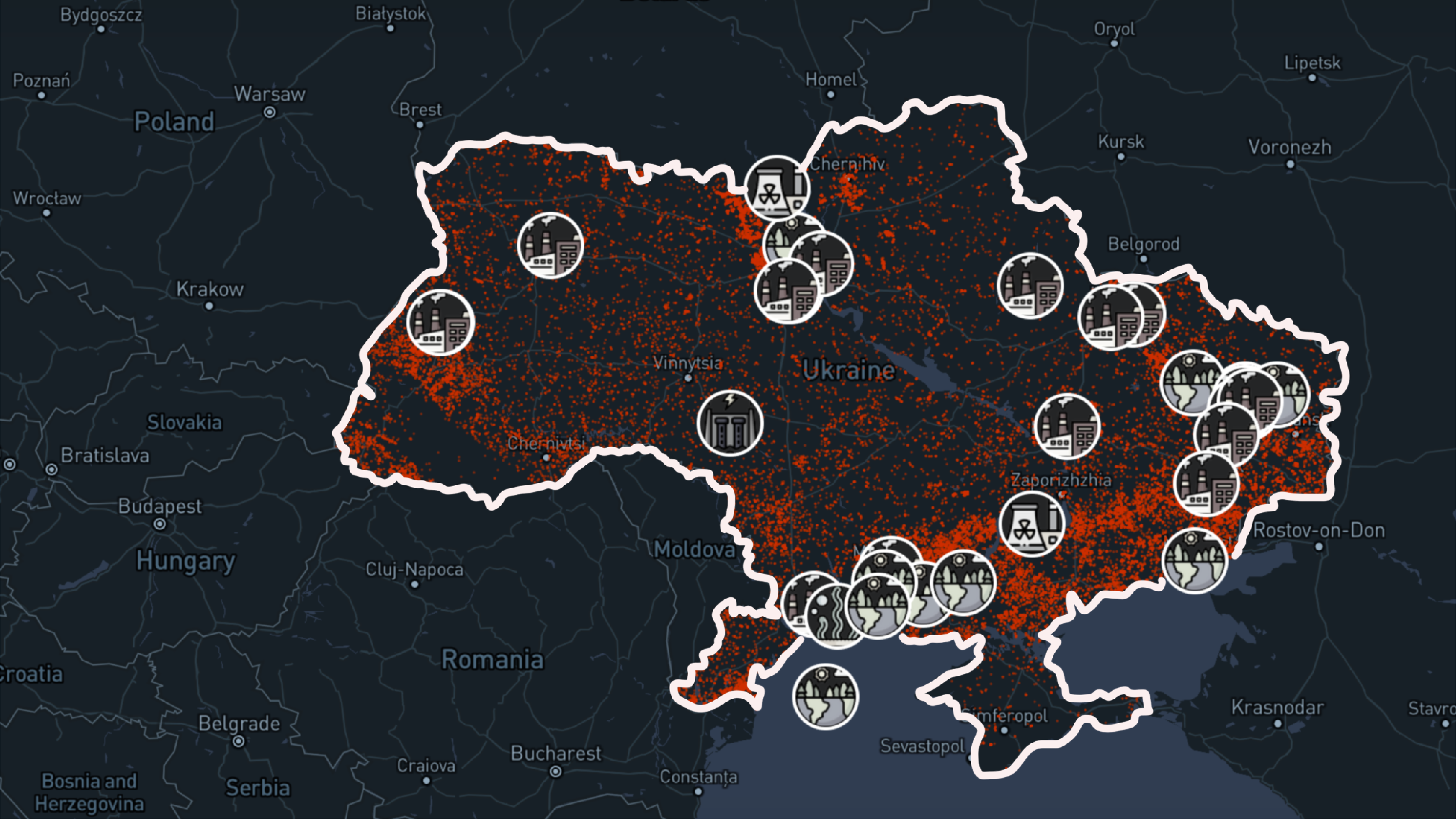從俄烏戰爭環境災害分布圖上可見，俄羅斯的侵略對烏克蘭多處地區造成破壞及影響。