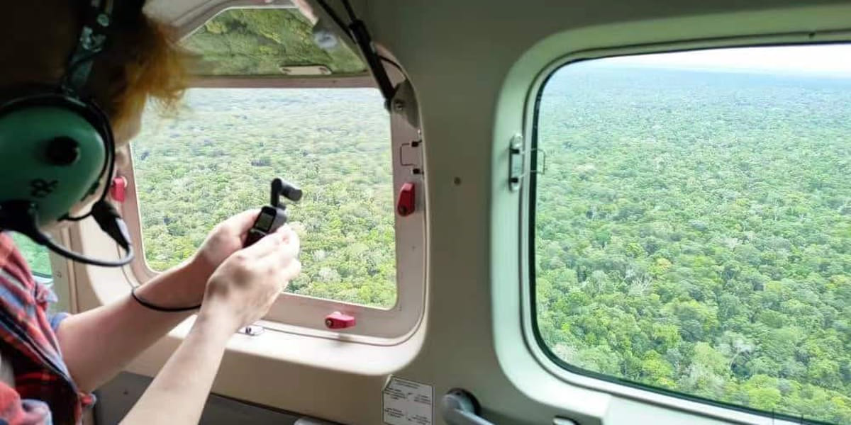 綠色和平調查團隊乘坐小型飛機，在亞馬遜雨林上空拍攝毀林狀況，搜集研究報告的證據。