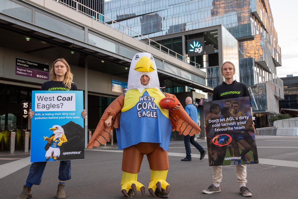 綠色和平澳洲行動者於AGL電力公司外，手舉「西『煤炭』老鷹隊」字牌，倡議該公司不應假借贊助西海岸老鷹隊（West Coast Eagles），繼續以燃燒煤炭獲利。