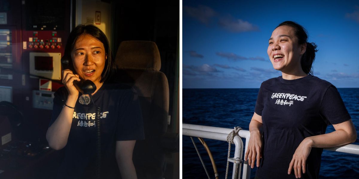來自臺灣的女孩Joyce(左)和Tina(右)曾在2024年7月至8月登上彩虹勇士號,參與北太平洋工業式捕撈的調查與紀錄工作。