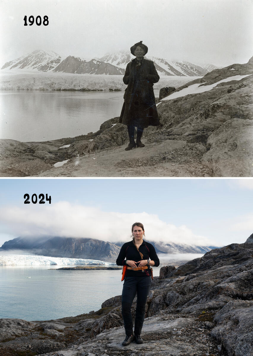 北極 116 年前後,除了人物與服飾改變,身後的 Blomstrandbreen 冰川也明顯變了樣。