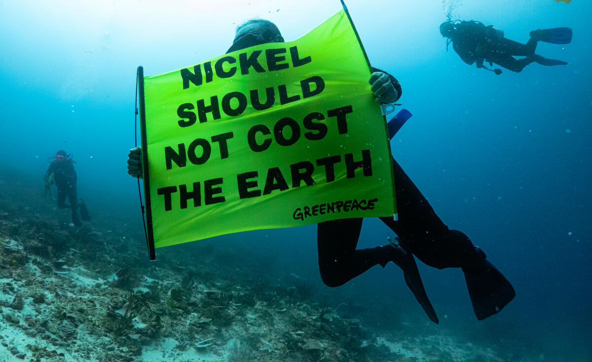 綠色和平行動者在印尼西巴布亞省四王群島卡威島西岸海域舉起布條,訴求「鎳礦開採不應以地球為代價」。