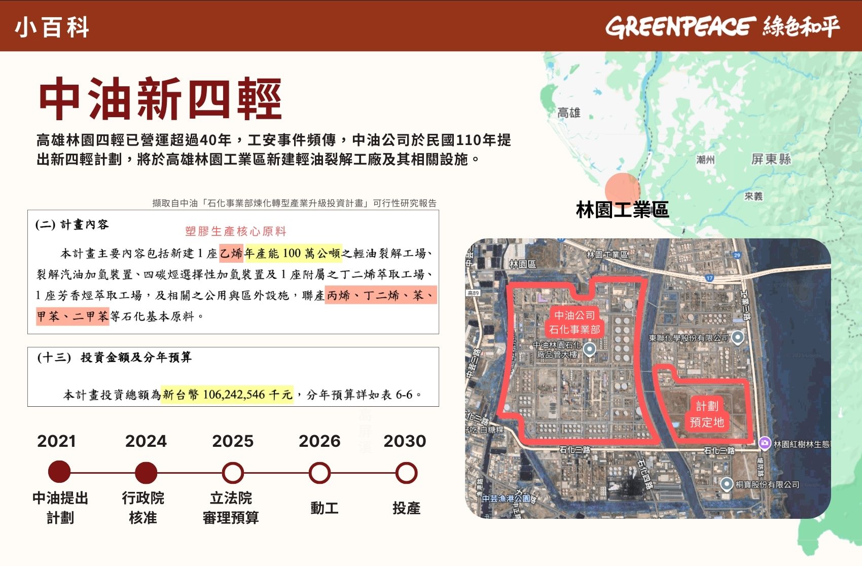 中油提出新四輕計劃，將於高雄林園工業區新建輕油裂解工廠。