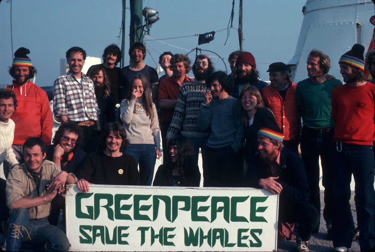 Rainbow Warrior Crew with Whaling Banner. © Greenpeace / Jean Paul Ferrero