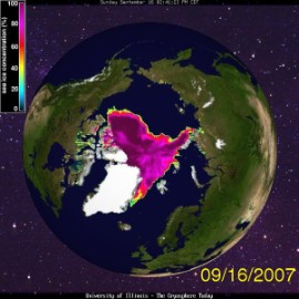 Record minimum sea-ice extent ขนาดของทะเลน้ำแข็งที่เล็กที่สุดที่เคยมีการบันทึกในประวัติศาสตร์นั้น เกิดขึ้นในเดือนกันยายน ค.ศ. 2007 Source: Cryosphere Today