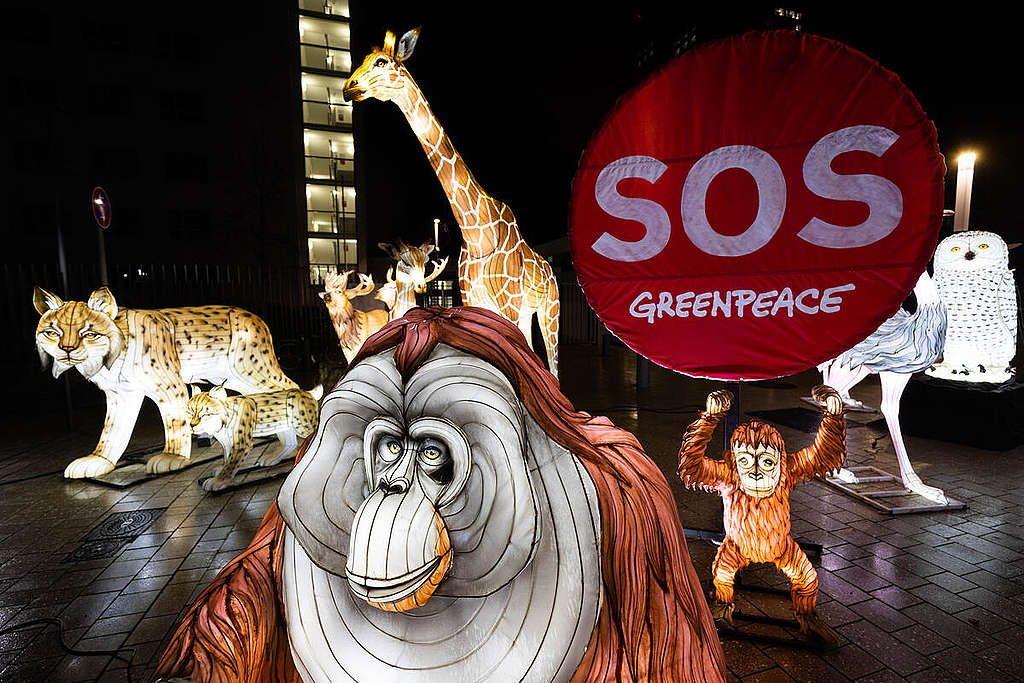 Protest with Luminous Animal Figures for Protecting Nature in front of UN Building in Bonn. Protest with Luminous Animal Figures for Protecting Nature in front of UN Building in Bonn.