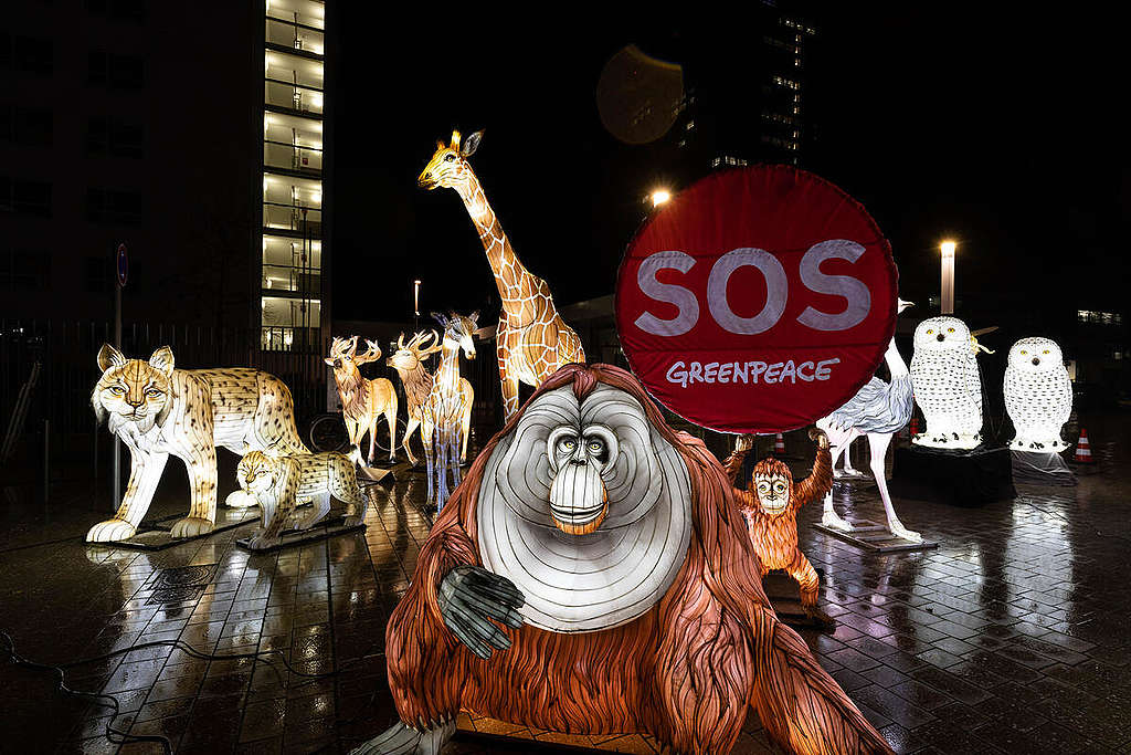 Protest with Luminous Animal Figures for Protecting Nature in front of UN Building in Bonn. Protest with Luminous Animal Figures for Protecting Nature in front of UN Building in Bonn.