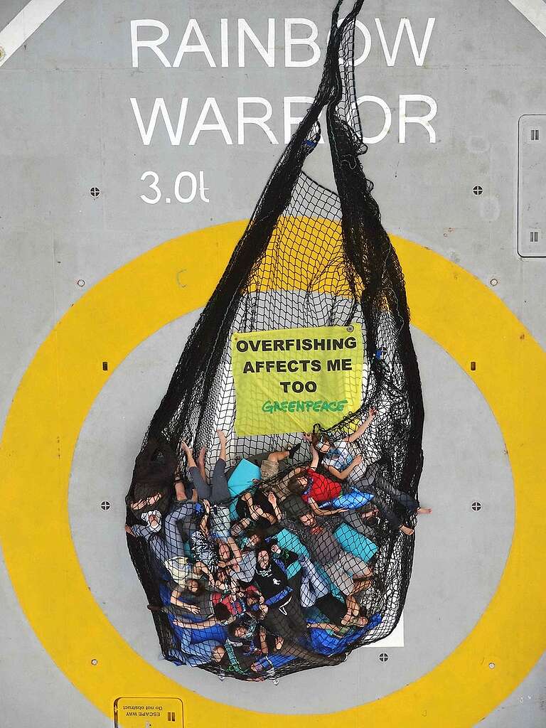 'Fish Fairly' Global Week of Action Aboard the Rainbow Warrior. © Greenpeace / Emili Trasmonte