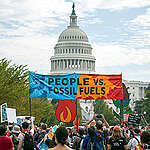 Indigenous youth lead hundreds to the Capitol.
Hundreds of Indigenous leaders, land and water protectors, and allies from across the continent march for a fifth day in Washington D.C. and get arrested sitting in front of the Capitol.  The mobilization is being organized by Build Back Fossil Free, a coalition of hundreds of Indigenous, Black, environmental, climate justice, youth, and social justice organizations. People are taking part in mass civil disobedience at the White House to pressure President Biden to declare a climate emergency and stop all new fossil fuel projects.