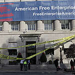 Greenpeace Activists place Climate Crime Banners on the exterior of the U.S. Chamber of Commerce Building in Washington Dec. 17, 2009. Activists ascended 25-foot ladders and crisscrossed the building with oversized crime scene tape reading: ÒClimate Policy Hostage Area// Global Warming Crime Scene.Ó  The COC has committed a series of climate crimes including: misinformation of the public on the issue of climate change, stalling action on global warming legislation, and holding the  international climate talks hostage.  Activists are calling on President Obama to show leadership and shed the influence of lobbyists.