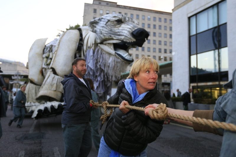 Giant Polar Bear and Emma Thompson at Shell HQ in London