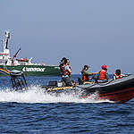 A Greenpeace boat leaves the Arctic Sunrise ship to investigate drill platforms Edith, Elly, Ellen and Eureka on August 27, 2018. Greenpeace partnered with Earthworks and the Center for Biological Diversity to visually document offshore oil production along California's coast. Earthworks' optical gas imaging (OGI) camera detected flaring and emissions from several platforms, making visible normally invisible air toxics.