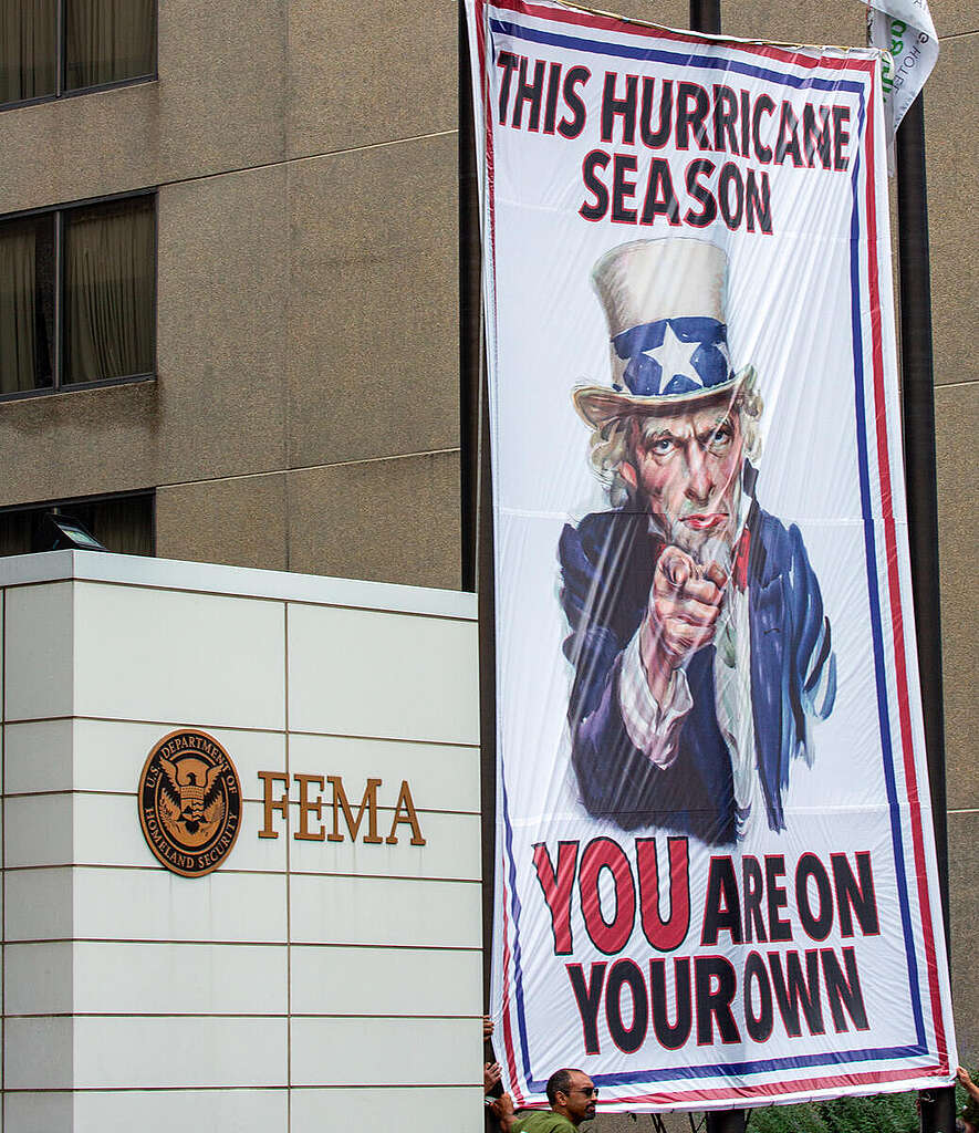 Uncle Sam’s’ Hurricane Message at FEMA. © Tim Aubry / Greenpeace Uncle Sam’s’ Hurricane Message at FEMA. © Tim Aubry / Greenpeace