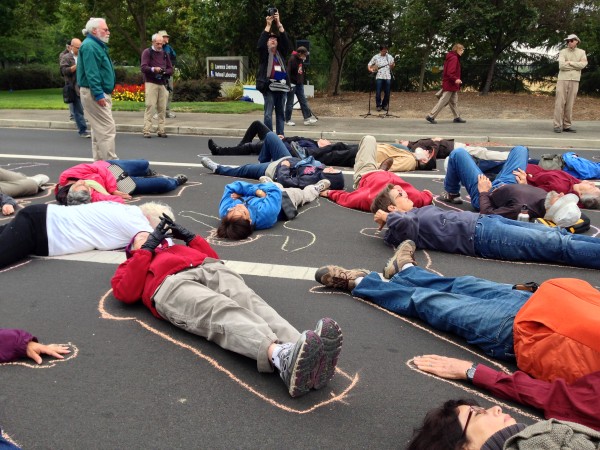 Activists stage  a "die in" in front of a nuclear weapon design lab in California in honor of Hiroshima Day.