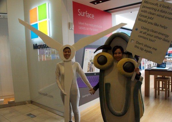 Clippy, Microsoft's infamous former Word mascot, showed up at a Microsoft store in San Francisco with his friend the wind turbine to congratulate the company for investing in wind energy. November 4, 2013. c Greenpeace
