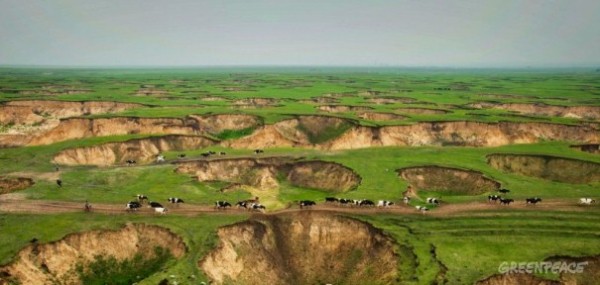 Sinkholes in Inner Mongolia, the result of subsidence caused by mining's lowering of the water table.