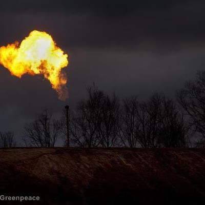 Gas flares from a well in the Bradford County countryside.