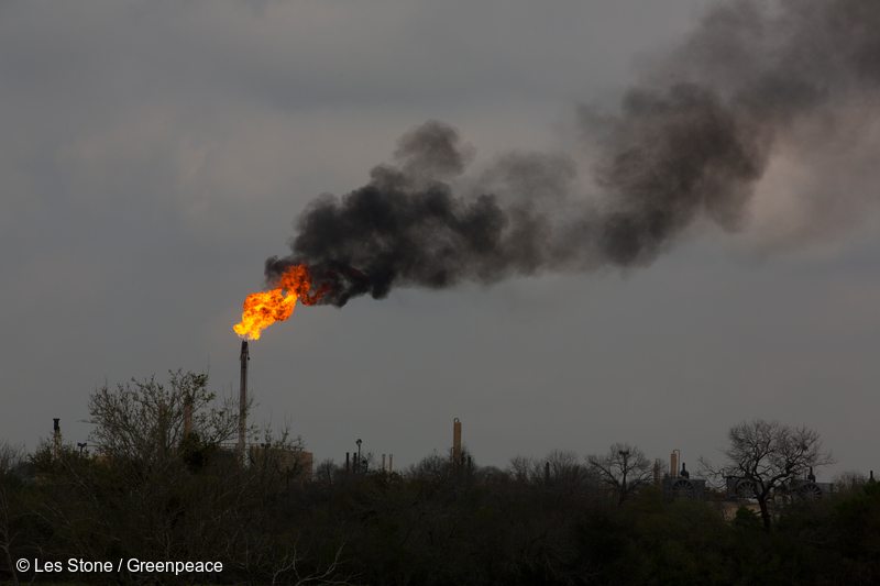 Gas flares hydrofracking installation in Texas.