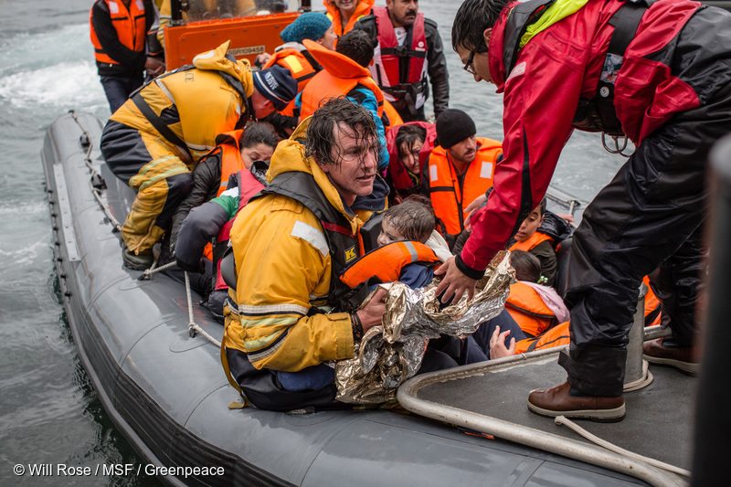 Medecins Sans Frontiers (MSF) and Greenpeace boat crews respond to an emergency as a wooden refugee boat capsized about a mile and a half off the coast of Lesbos. On arrival at the scene, all refugees were in the water and a major rescue operation involving Greenpeace, MSF, Frontex, Sea Watch and Proactiva ensued. A total of 83 people were rescued, while two people drowned - an 80-year-old man and nine-month old girl.