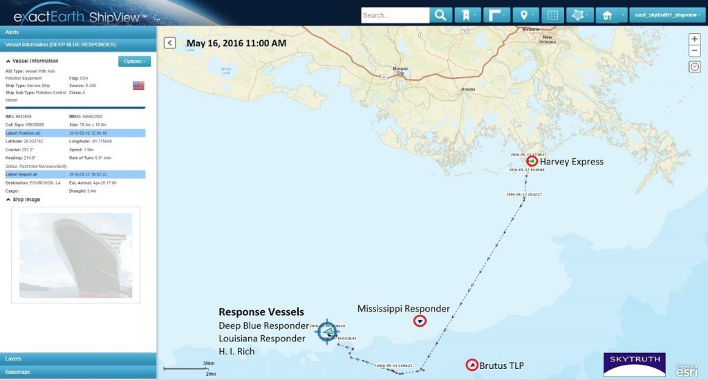 AIS tracking map showing locations of spill-response vessels this morning (May 16). Data courtesy exactEarth/ShipView.