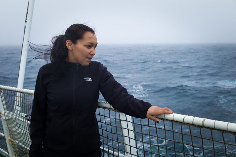 Resident of Clyde River, Clara Natanine on the Arctic Sunrise. Arctic Sunrise crew and guests prepare to leave St. John's, Newfoundland for Clyde River, Nunavut, where they will deliver solar panels for the community.