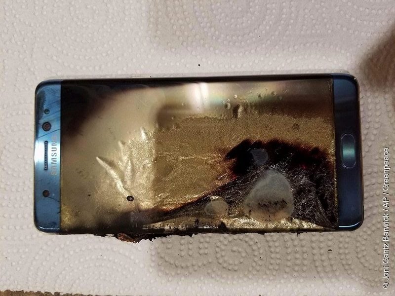 A damaged Samsung Galaxy Note 7, in Marion, Illinois, belonging to Joni Gantz Barwick, who was woken up at 3 a.m. on September 8th, by smoke and sparks from her Galaxy Note 7.