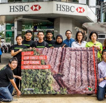 Greenpeace activists carry a banner as they deliver a petition to HSBC Headquarter in Kuala Lumpur. More than 220,000 people globally signed the petition urging HSBC to stop funding six palm oil corporations that destroy the rainforest and peat land in Indonesia.