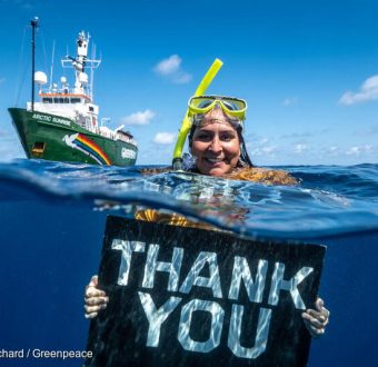 Photo: Campaigner Juliana Costa in the Indian Ocean. A team aboard the Greenpeace ship Arctic Sunrise are on an expedition to the Indian Ocean to contribute to a better understanding of the wildlife and diversity of the region.