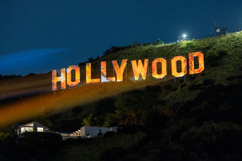 Projection of fire onto the Hollywood Sign in Los Angeles